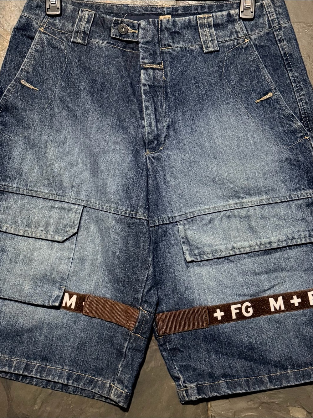 Marithe Francois Girbaud Blue Denim Cargo Shorts with Branded Brown Strap